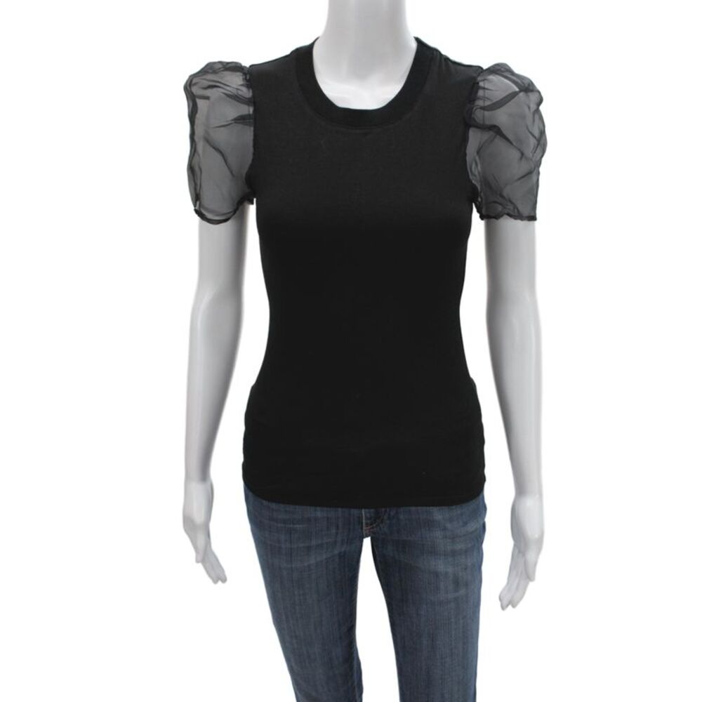 Cinq A Sept Women Black Basic T-Shirt Crew Neck Bell Short Sleeve Size XS